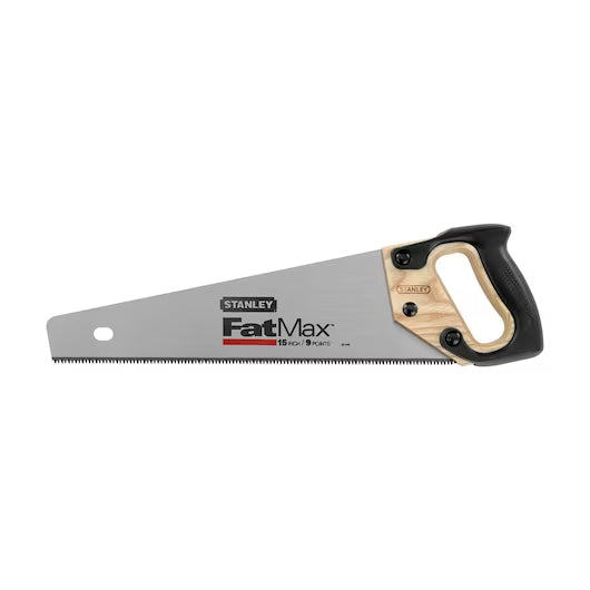 The STANLEY® FATMAX® 15 in Carbon Steel Handsaw by STANLEY features a black and wood-colored handle and fine teeth, making it an ideal precision cutting tool for woodworking projects.